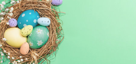 Easter banner on a green background. Bird's nest with Easter eggs. Happy Easter.