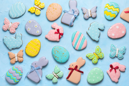 Easter banner on a blue background. Homemade gingerbread cookies. Easter concept.