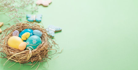 Easter banner on a green background. Bird's nest with Easter eggs. Happy Easterの写真素材