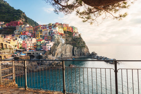 Colorful medieval town on the rocks - Manarola. Cinque Terre National Park in winter. Italian towns.