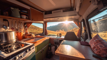 Interior of travel camping van or camper RV with stove and sink. Vanlife lifestyle vibes, cooking on campsite during road trip with amazing view of mountains. AI technologyの素材