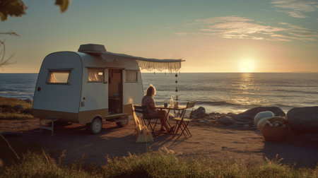 Camping by the sea. A camper and a table next to it, where a woman is sitting and looking at the sea. Created with generative AI technologyの素材