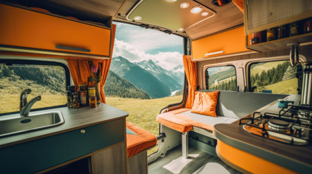 Interior of travel camping van or camper RV with stove and sink. Vanlife lifestyle vibes, cooking on campsite during road trip with amazing view of mountains. AI technologyの素材
