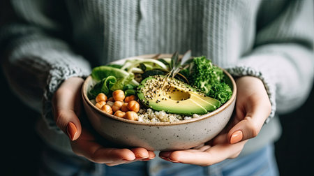 Healthy vegetarian dinner. Woman in jeans and warm sweater holding bowl with fresh salad, avocado, grains, beans, roasted vegetables, close-up. Created with generative AI technologの素材