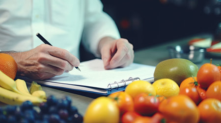 A nutritionist doctor in a white coat writes out prescriptions. Close-up, hands, recipe, fruit. Created with generative AI technology.の素材