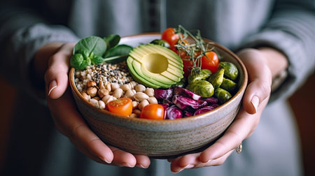 Healthy vegetarian dinner. Woman in jeans and warm sweater holding bowl with fresh salad, avocado, grains, beans, roasted vegetables, close-up. Created with generative AI technologの素材