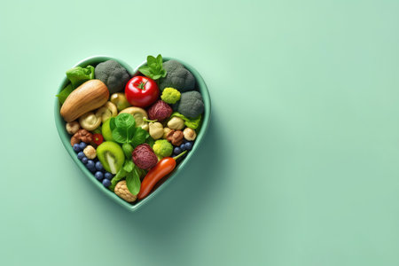 Diet food for health with heart bowl. Baner, place for text. Created with generative AI technologyの素材