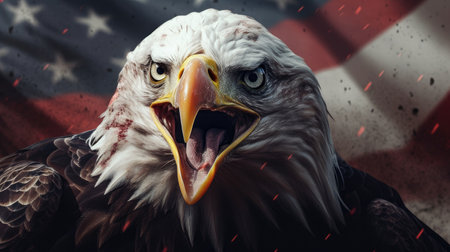An eagle with an American flag. Created with generative AI technology.の素材