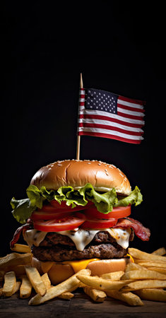 Big burger with beef, cheese and tomatoes. An American flag is stuck in it. American cuisine. Created with generative AI technologyの素材