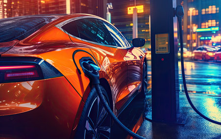 The car is connected by a cable to the EV charging station. Electric vehicle charging station. Modern electric cars. The concept of green energy. Created with generative AI technologyの素材