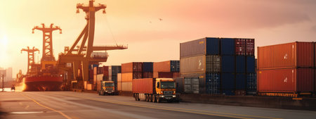 Port for loading container ships. Horizontal banner for text.の素材