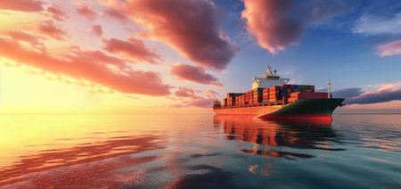 Container ship in the open ocean. Cargo transportation. Place for text. Horizontal banner. Created with generative AI technologyの素材