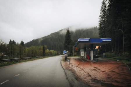 gas station in the mountains of Ukraine. Rural gas station in the Ukrainian Carpathians.の写真素材