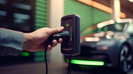 hand holding EV charger plug with blurred background of progressive electric vehicle and socket parking in home garage Created with generative AI technologyの素材