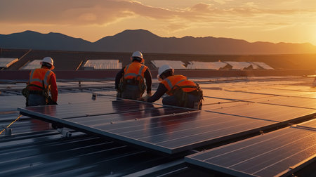 Installing a Solar Cell on a Roof. Solar panels on roof. Workers installing solar cell farm power plant eco technology. Created with generative AI technologyの素材