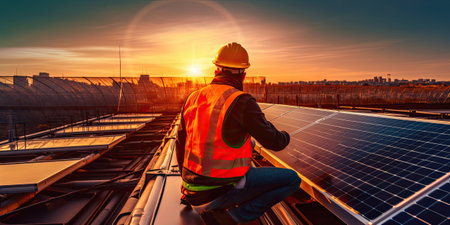 Installing a Solar Cell on a Roof. Solar panels on roof. Workers installing solar cell farm power plant eco technology. Created with generative AI technologyの素材