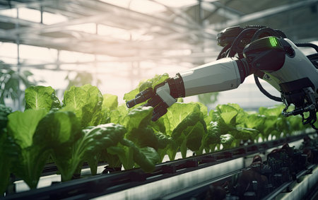 A robotic machine harvests and cares for plants in a greenhouse. Modern smart farming agricultural technology. Future agriculture. Created with generative AI technologyの素材