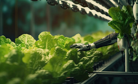 A robotic machine harvests and cares for plants in a greenhouse. Modern smart farming agricultural technology. Future agriculture. Created with generative AI technologyの素材