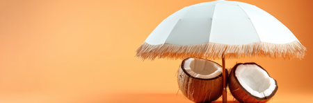 Orange beach chair under the palm tree with summer accessories. Summer background Created with generative AI technologyの素材