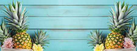pineapple on mint blue wooden background. Tropical summer vacation concept. Summer background Created with generative AI technologyの素材