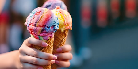 Ice cream close-up in the hands of a woman. Summer sweet and refreshing dishes. Created with generative AI technologyの素材