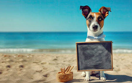 jack russell dog at the beach, holding an empty blank blackboard. place for text. The concept of a summer holiday by the sea. Created with generative AI technologyの素材