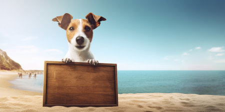 jack russell dog at the beach, holding an empty blank blackboard. place for text. The concept of a summer holiday by the sea. Created with generative AI technologyの素材