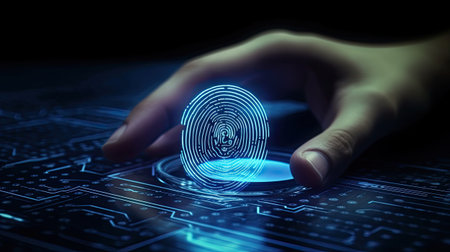 Concept of digital security, electronic fingerprint on scanning screen. User authentication system with on virtual screen fingerprint scanning technology. Created with generative AI technologyの素材