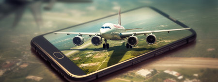 Airplane coming out from smart phone screen. Created with generative AI technology.の素材