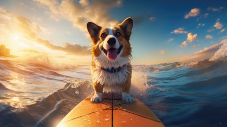 A happy dog on a surfboard catches a wave in the ocean. Horizontal banner. The concept of a summer holiday by the sea. Created with generative AI technologyの素材