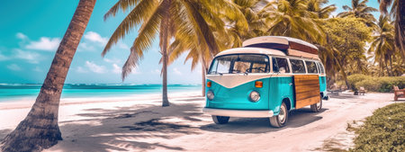Blue van sorrounded by palm trees with white sand and turquoise waters at the background at the beach. Summer background Created with generative AI technologyの素材