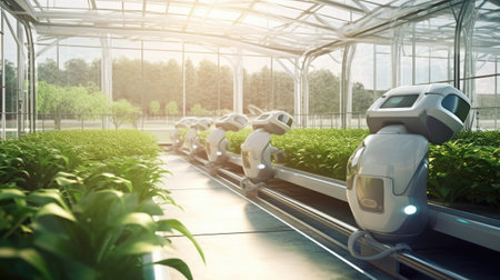 A robotic machine harvests and cares for plants in a greenhouse. Modern smart farming agricultural technology. Future agriculture. Created with generative AI technologyの素材