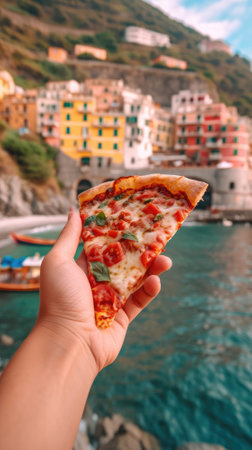 Slice of pizza in hand on the background of the Cinque Terre, Italy.の素材