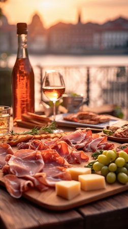 Tasty italian snacks on wooden board in outdoor cafe with amazing view in Italyの素材