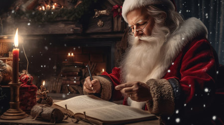 Santa Claus is preparing for Christmas. He writes letters. House of Santa Claus, fireplace and Christmas tree.の素材