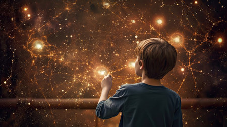 Boy looking at star constellation forming molecular structureの素材