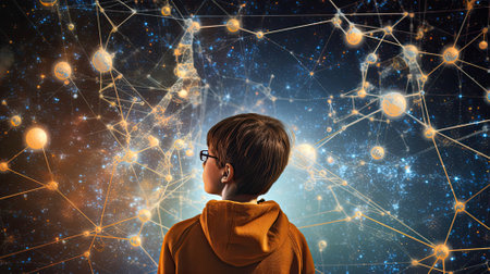 Boy looking at star constellation forming molecular structureの素材
