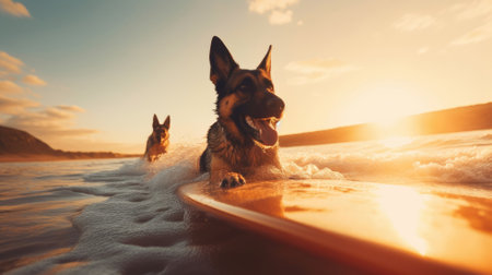 German shepherd running and playing on dog-friendly beach at sunset. Summer fun surfing vacation with dog, pet friendly trip and outdoors adventure lifestyle.の素材