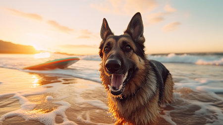 German shepherd running and playing on dog-friendly beach at sunset. Summer fun surfing vacation with dog, pet friendly trip and outdoors adventure lifestyle.の素材