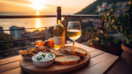 Tasty italian snacks on wooden board in outdoor cafe with amazing view in Italyの素材