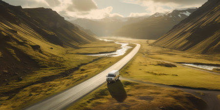 white camper van driving along mountain road through valley, Iceland, view from dron.の素材