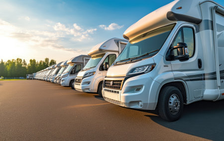 Parking of houses on wheels. Many campers stand together.の素材