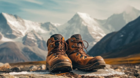 A pair of hiking boots lying in the grass in front of a beautiful mountainous landscape. Place for text. Tourist equipment.の素材