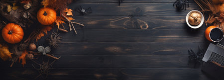 Top view of desktop with laptop decorated for Halloween. Empty desk with space for text. Helloween banner.の素材