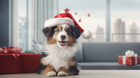 A dog in a Santa Claus hat sits on the floor in a modern apartment. Christmas banner.の素材