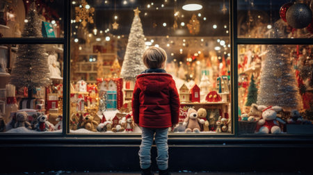 A child stands in front of a toy store window on Christmas Eve.の素材