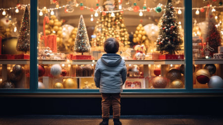 A child stands in front of a toy store window on Christmas Eve.の素材