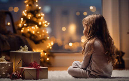 A little girl sits on the floor in a festively decorated living room on Christmas Eve next to presents.の素材