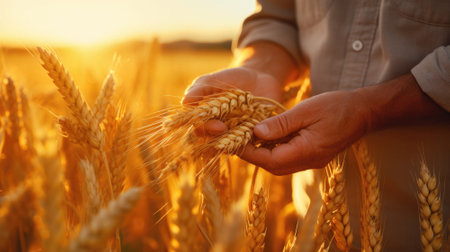 Hand and wheat close-up. Agronomic banner. A farmer checks the harvest in his field.の素材