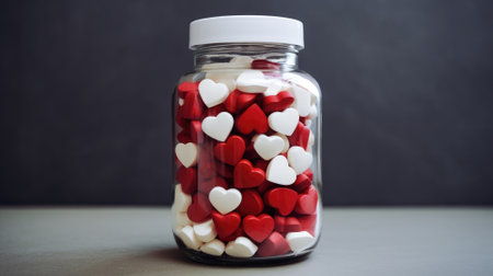 heart-shaped tablets of white and red color in a glass jar. Valentine's Day banner.の素材